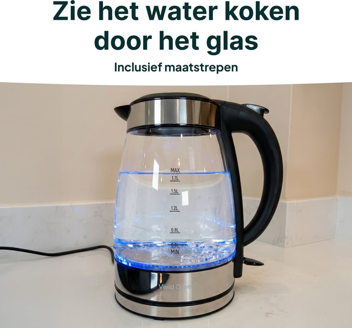 Vivid Green Glazen Waterkoker - 1.7L – 2200W - PFAS-vrij - Kalkfilter - Led Verlichting - Glas thumbnail 6