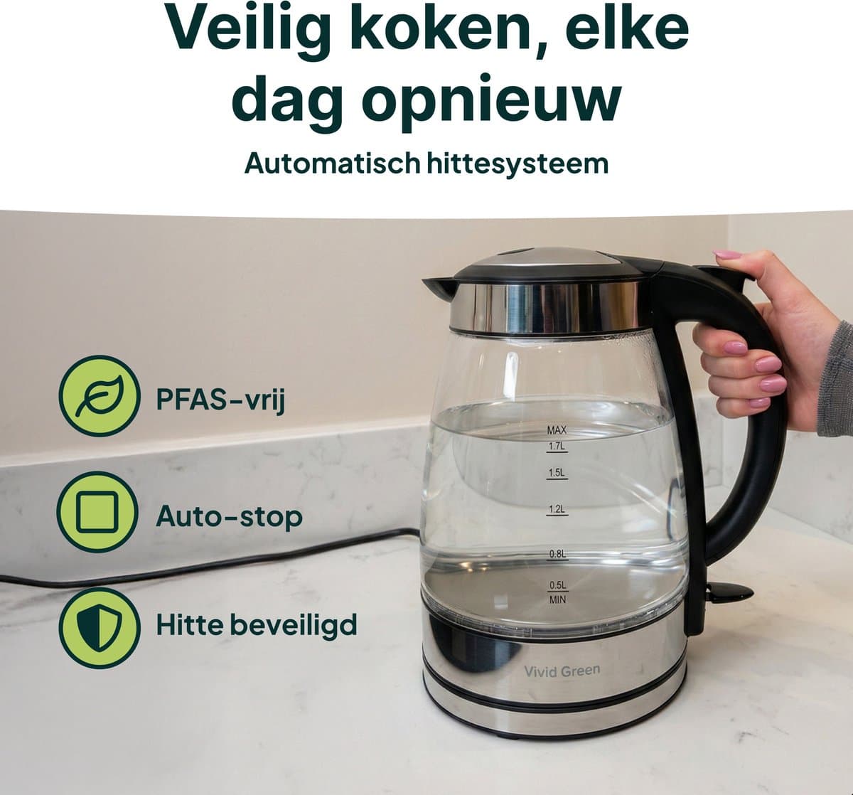 Vivid Green Glazen Waterkoker - 1.7L – 2200W - PFAS-vrij - Kalkfilter - Led Verlichting - Glas thumbnail 4