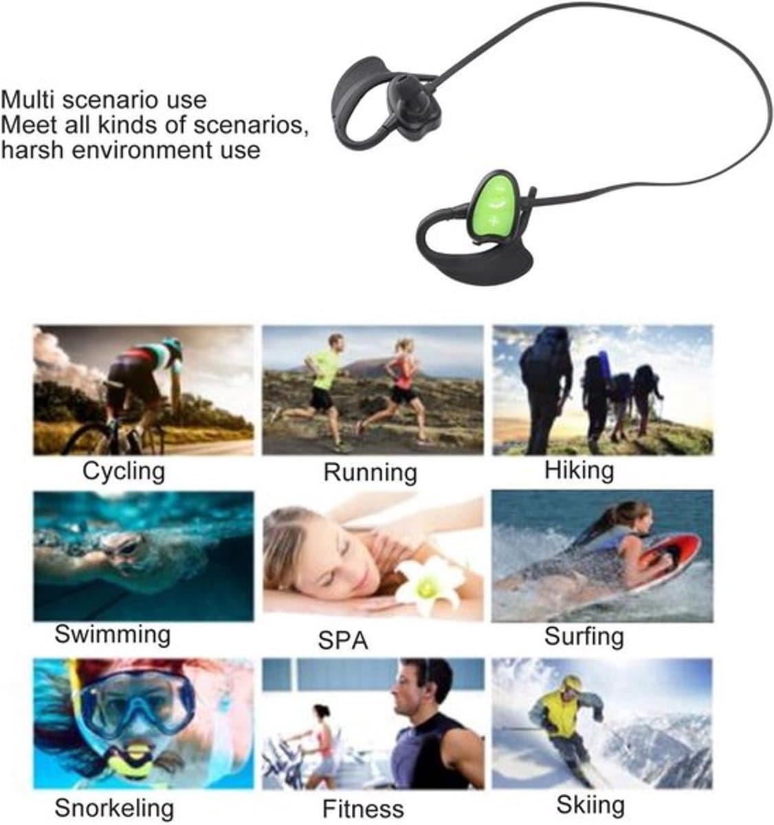 Waterdichte In-ear Zwemhoofdtelefoon met Draadloze Mp3-speler - Groen - Zwemmen Sporten Hardlopen thumbnail 2