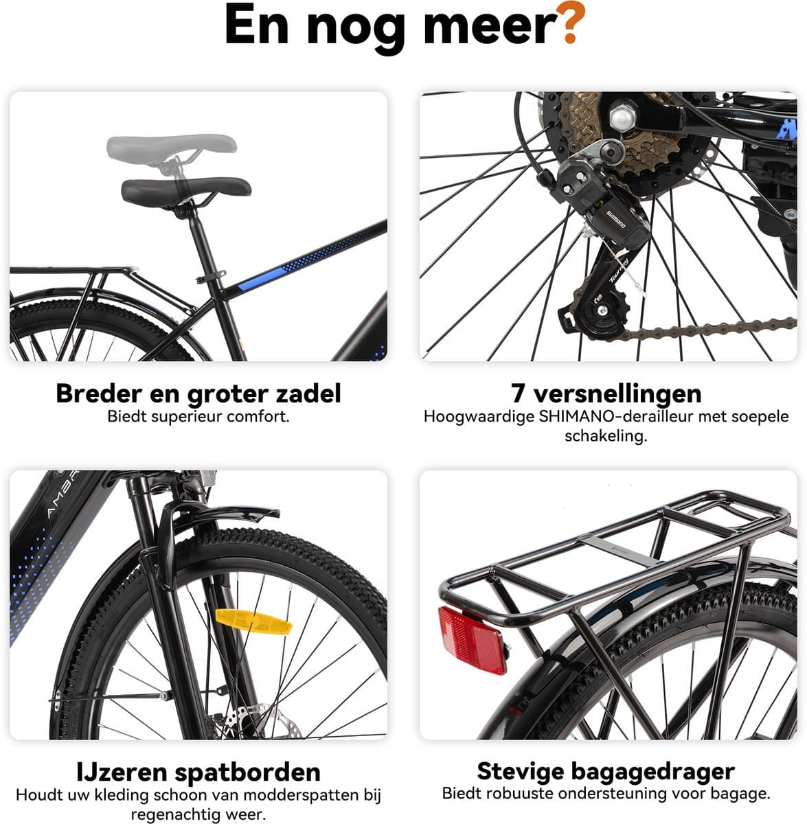 HILAND Matawak elektrische stadsfiets - 26 inch - 250W motor - 60km actieradius - 36V 10.4Ah accu - Shimano 7-versnellingen - Unisex - Zwart thumbnail 7