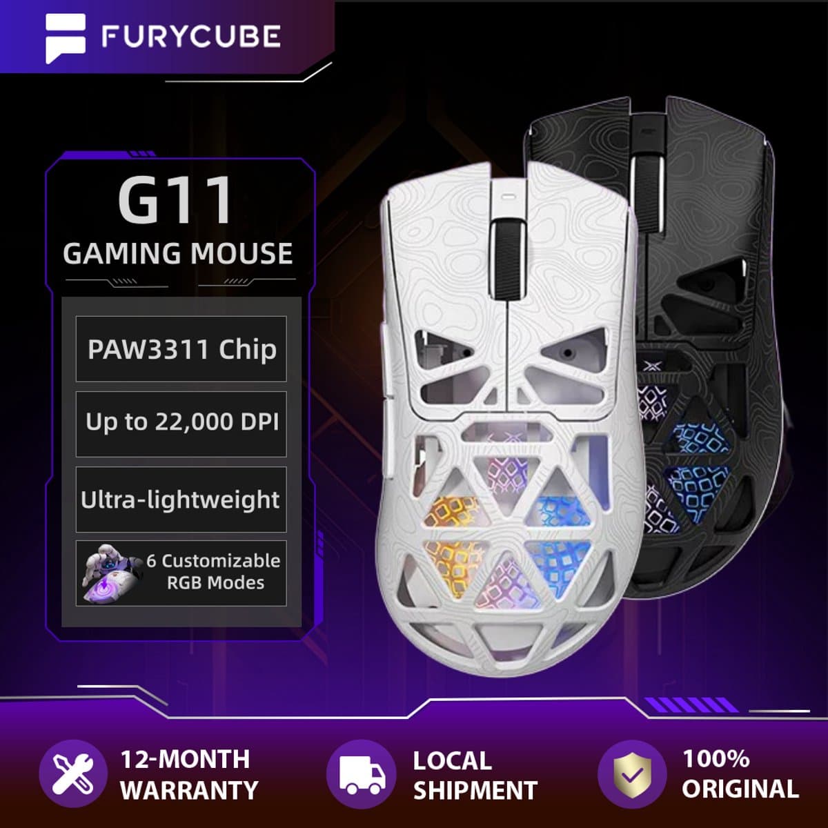 Furycube G11 - Tri-Mode Gaming Muis - Draadloos - Bedraad - Bluetooth - PAW3311 Sensor - 12.000 DPI - 1000Hz - Zwart thumbnail 2