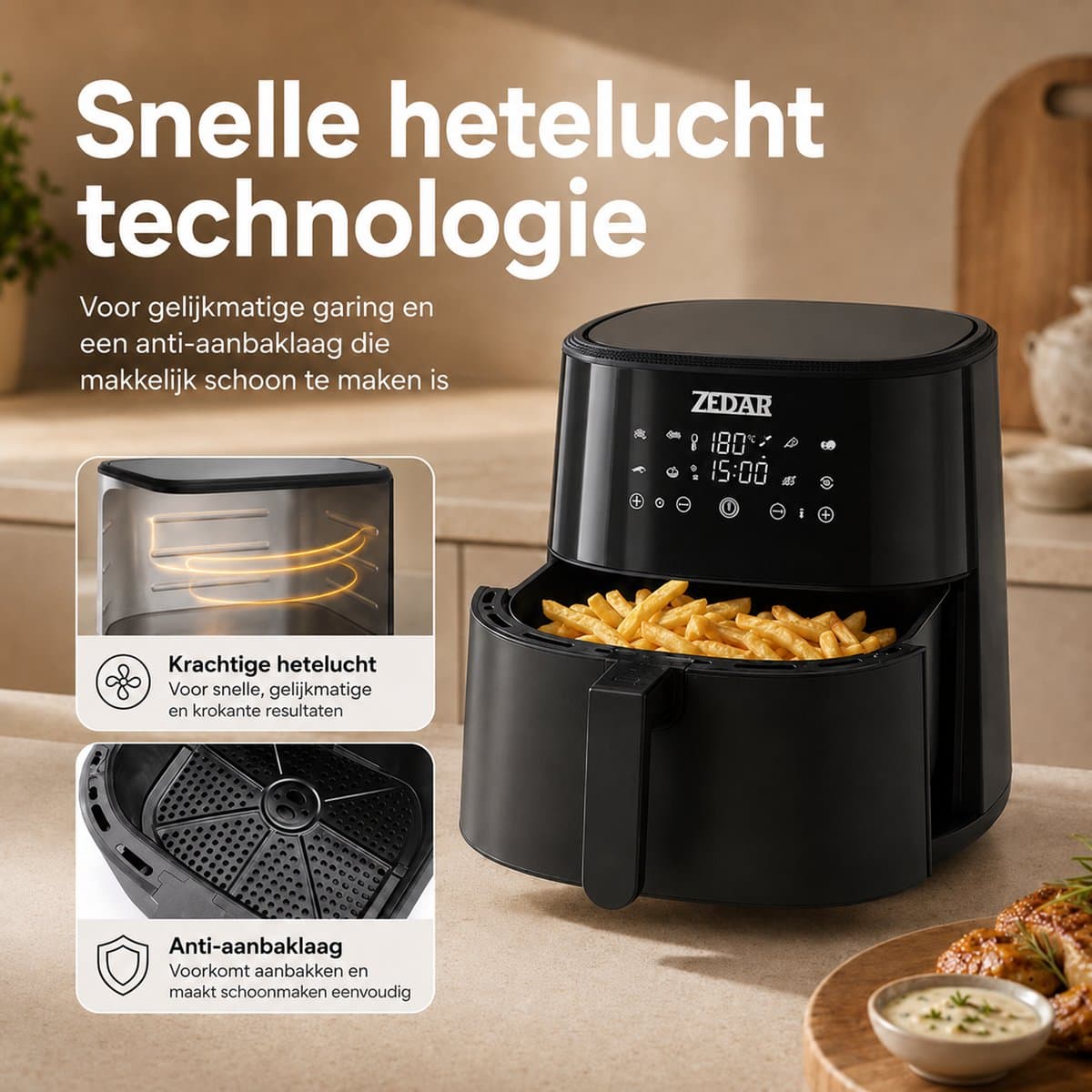 Airfryer XXL - Met APP - Groot 8 Liter - Heteluchtfriteuse - Zwart - Digital Touchscreen - 50 voorgeprogrammeerde gerechten Zedar AF600 thumbnail 5