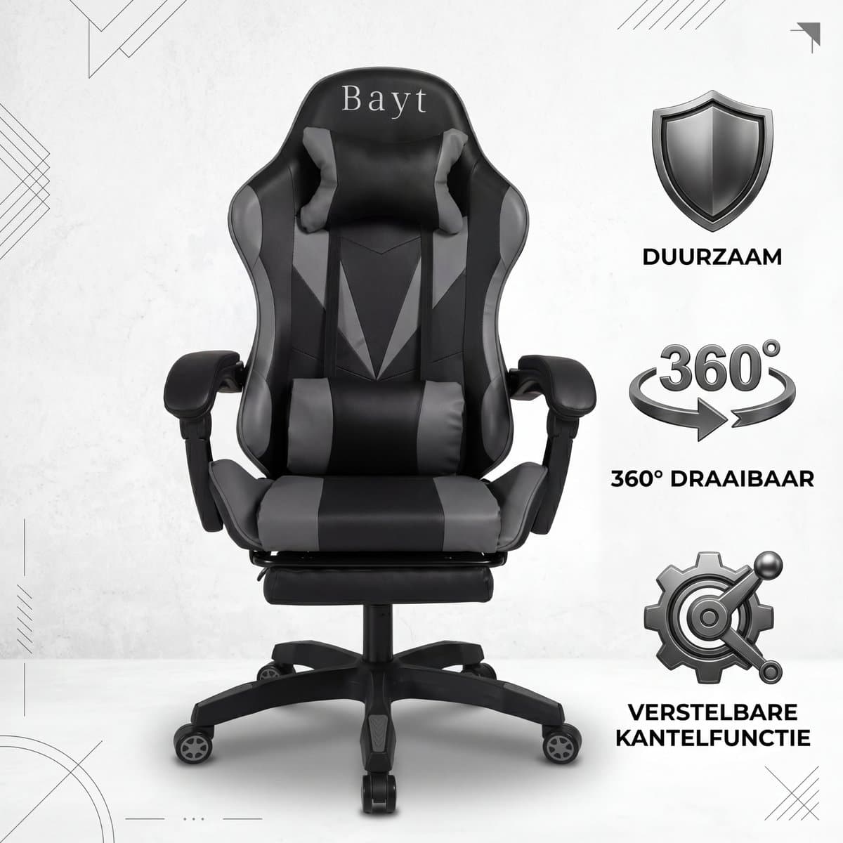 Bayt Gamestoel - Gaming Chair - Gamingstoel - Ergonomische Bureaustoel - Verstelbaar - Zwart en Grijs thumbnail 3