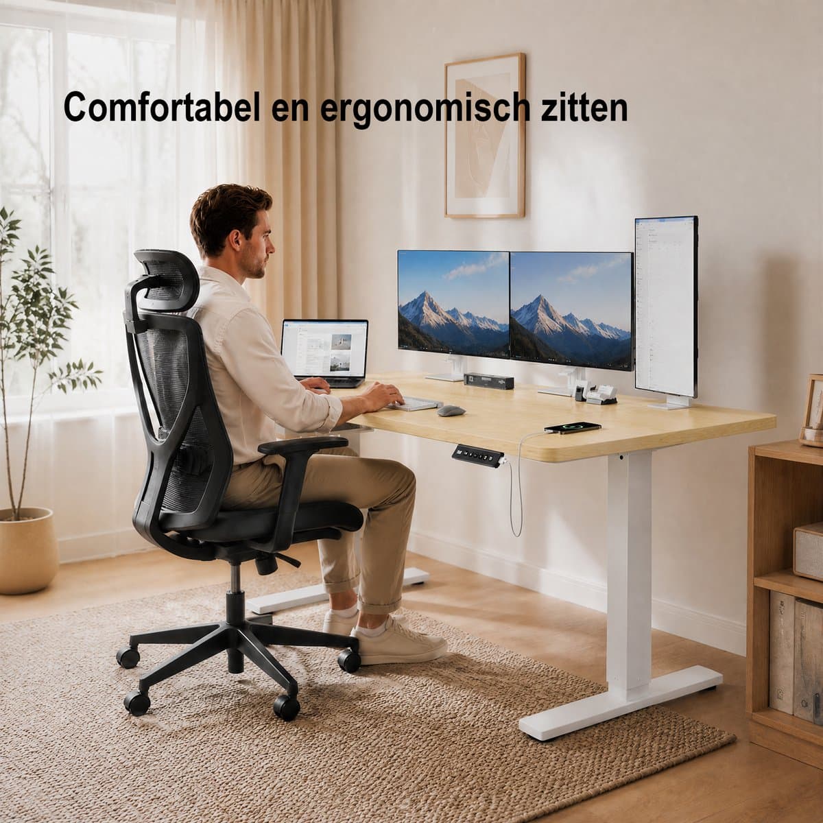 Devoko Elektrisch Zit-sta Bureau 180x80 cm – Stille Motor met Geheugenfunctie – Zit-alarm – Digitaal Display – 6 Knoppen Handbediening – USB Poort – Zit-sta Bureau – Beige thumbnail 3