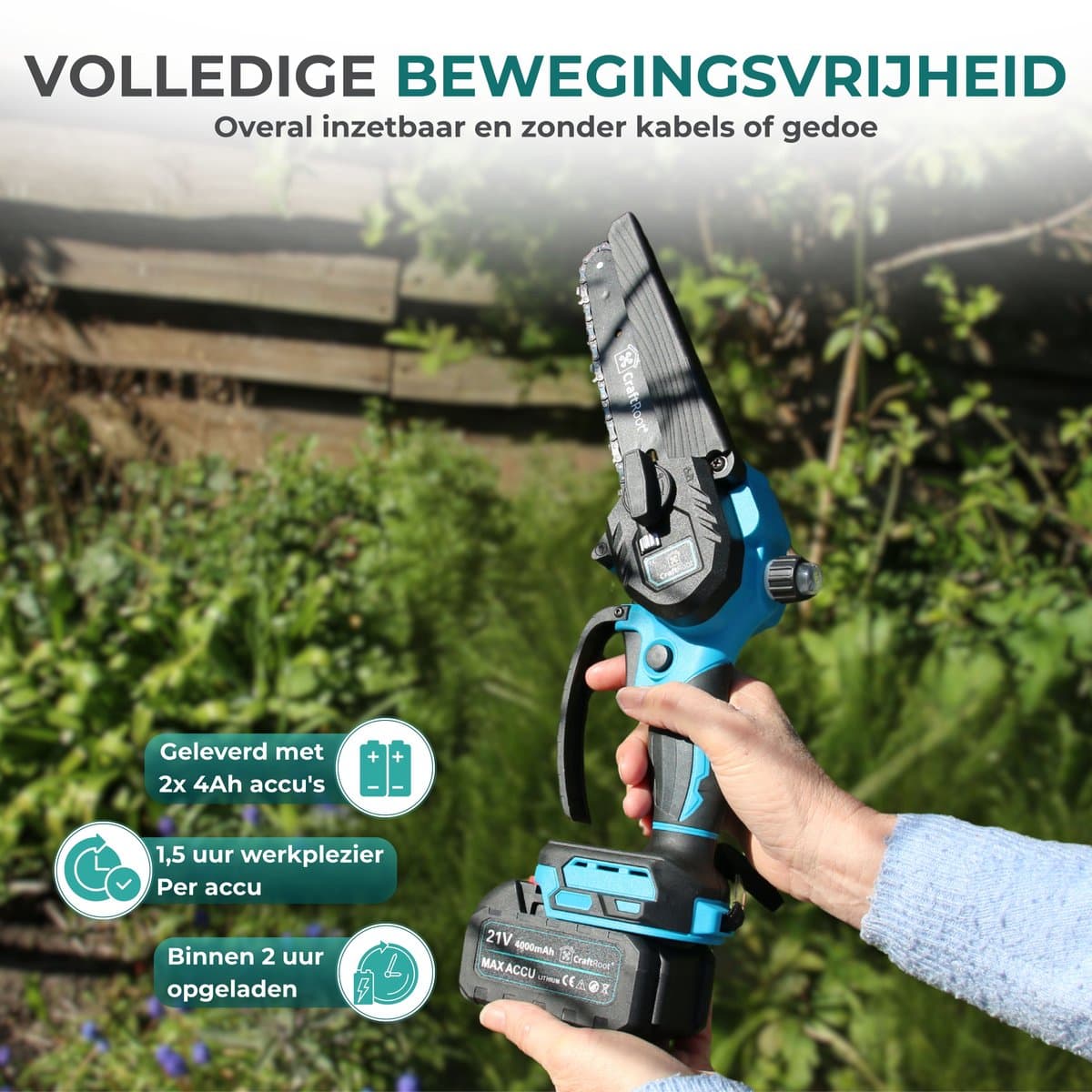 CraftRoot Elektrische Mini Kettingzaag - Draadloze Compacte Kettingzaag met Automatische Kettingsmering - Handkettingzaag - Snoeizaag - Takkenzaag - 2x 4.0Ah Accu's - Opberg Koffer - Brushless thumbnail 3