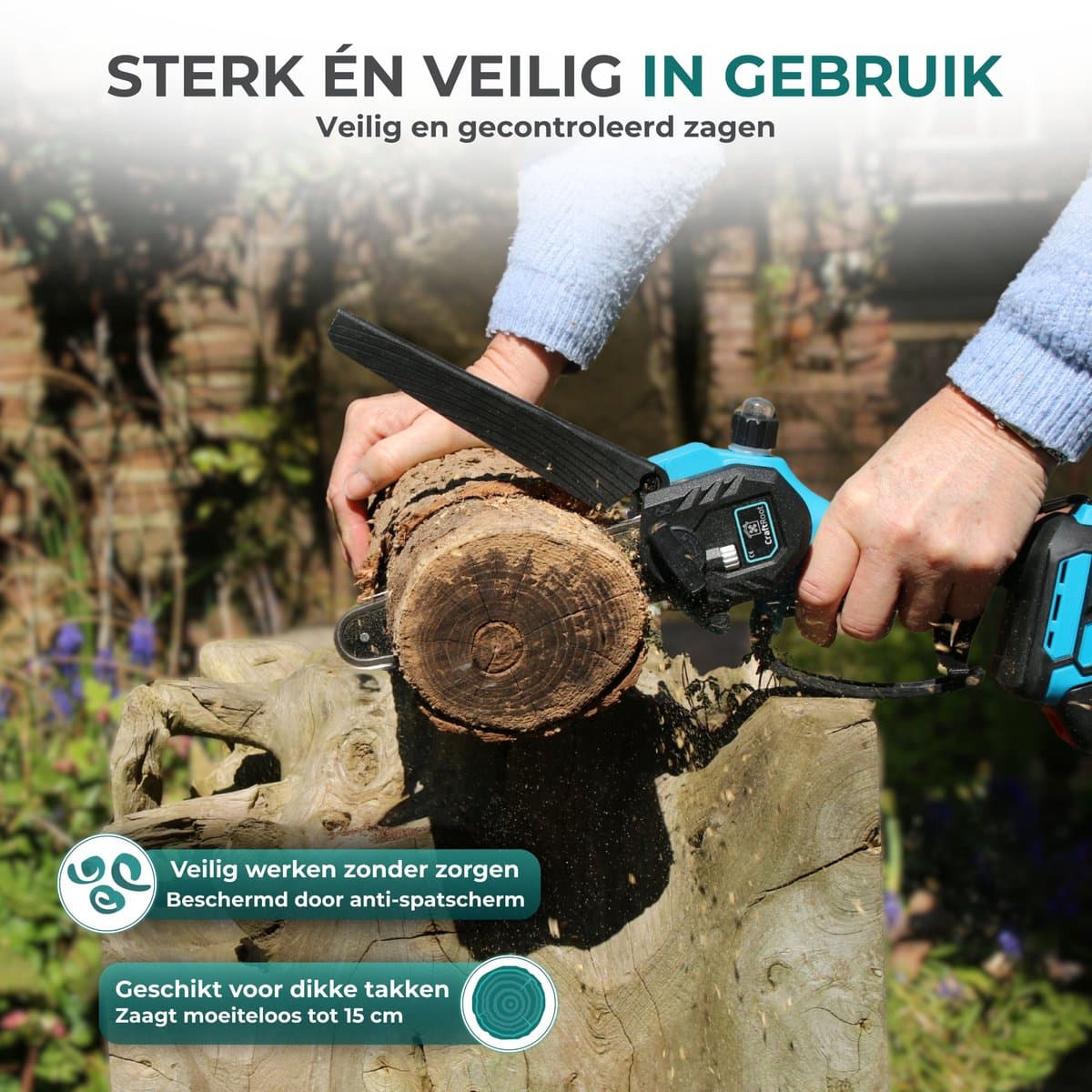 CraftRoot Elektrische Mini Kettingzaag - Draadloze Compacte Kettingzaag met Automatische Kettingsmering - Handkettingzaag - Snoeizaag - Takkenzaag - 2x 4.0Ah Accu's - Opberg Koffer - Brushless thumbnail 5
