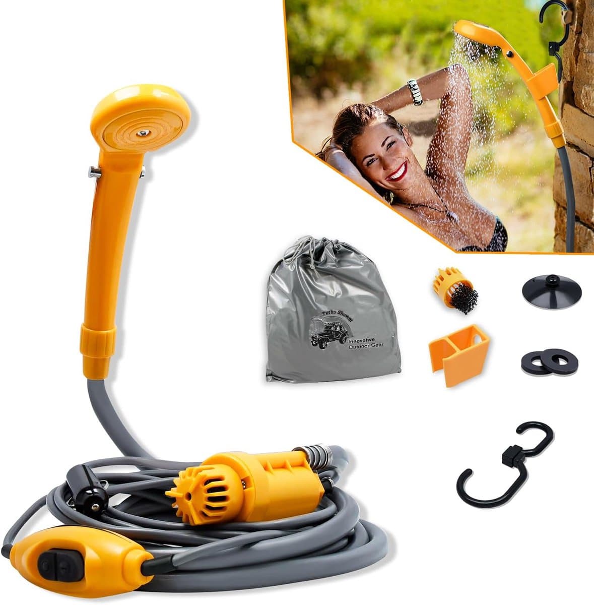 Camping Douche – 12V Buitendouche met Pomp, S-haken En Zuignappen, Draagbare Douche voor Tuin, Wandelen, Reizen, Autowassen En Huisdierreiniging - NAIZY