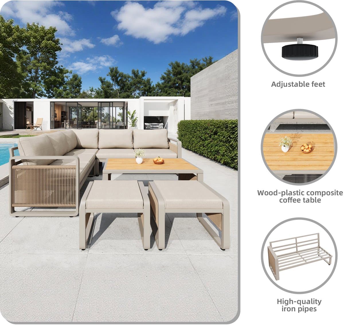Sweiko Tuinset - Loungeset - Hoekbank + 2 hocker + Salontafel - Modulair meubilair - Met kussens - Metalen frame - Beige thumbnail 5