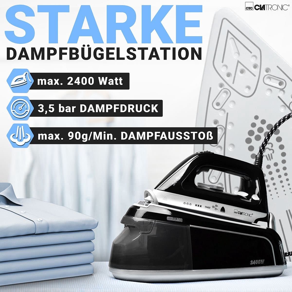 Clatronic DBS 3749 - Stoomstrijkstation met stoomstrijkijzer - 3.5Bar -1,2Liter thumbnail 2