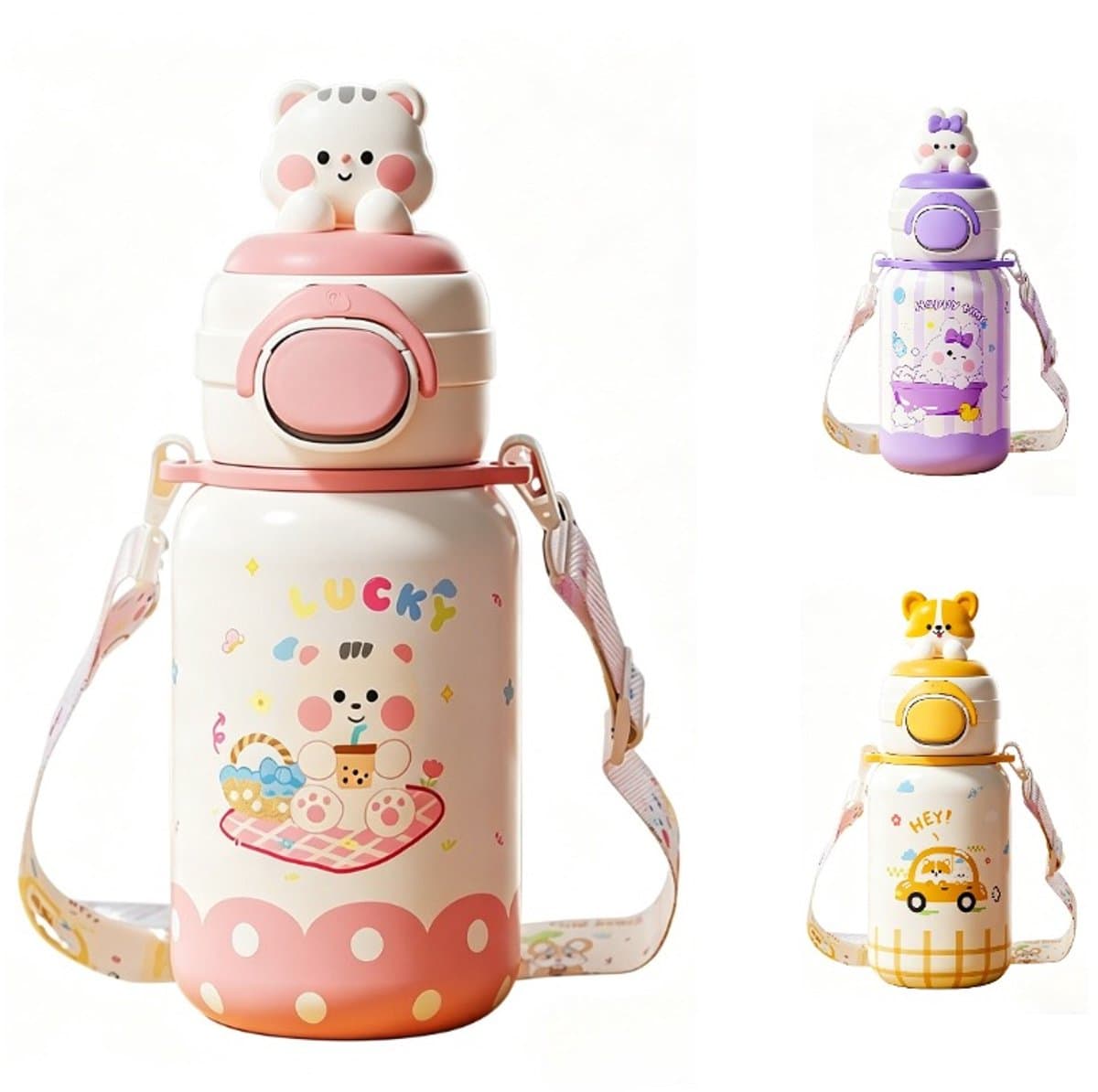 316 RVS Kinder Thermosfles & Kinderdrinkfles met Rietje en Drinktuit - 500ml Lekvrije Schoolbeker voor Meisjes & Jongens - 12u Warm/Koud Isoleerfles - BPA-Vrij & Food Grade - Ideaal Cadeau voor School, Sport & Onderweg - Met koord - kitten - afbeelding 1