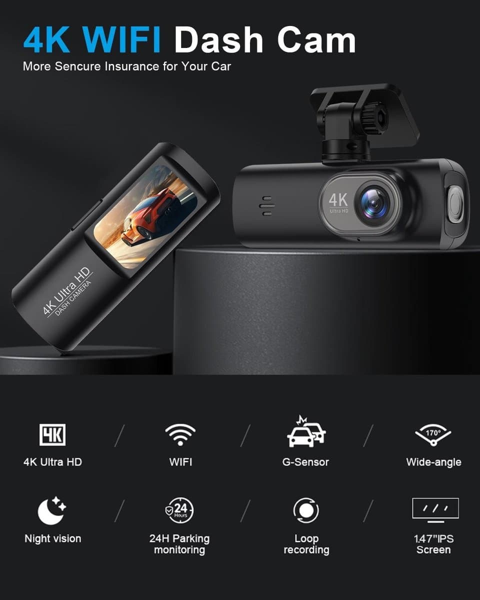 Dashcam - Dashcam voor auto - Dashcam 4K Voorzijde - Ultra HD - Mini Autocamera - APP Bediening - Ingebouwde Wi-Fi & G-sensor - 24-uurs Parkeermodus, Nachtzicht, WDR, Loopopname, Ondersteuning voor maximaal 256 GB thumbnail 3