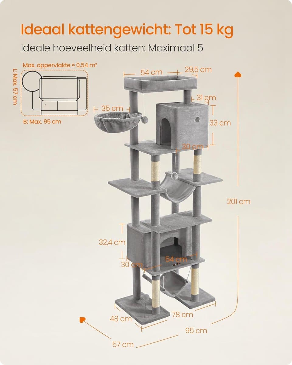 Feandrea krabpaal groot, krabpaal XXL, kattenkrabpaal met meerdere verdiepingen, 201 cm hoog, met een platform, een ligbak, 2 kattenholen, 2 hangmatten, anti-tip bescherming, lichtgrijs thumbnail 4