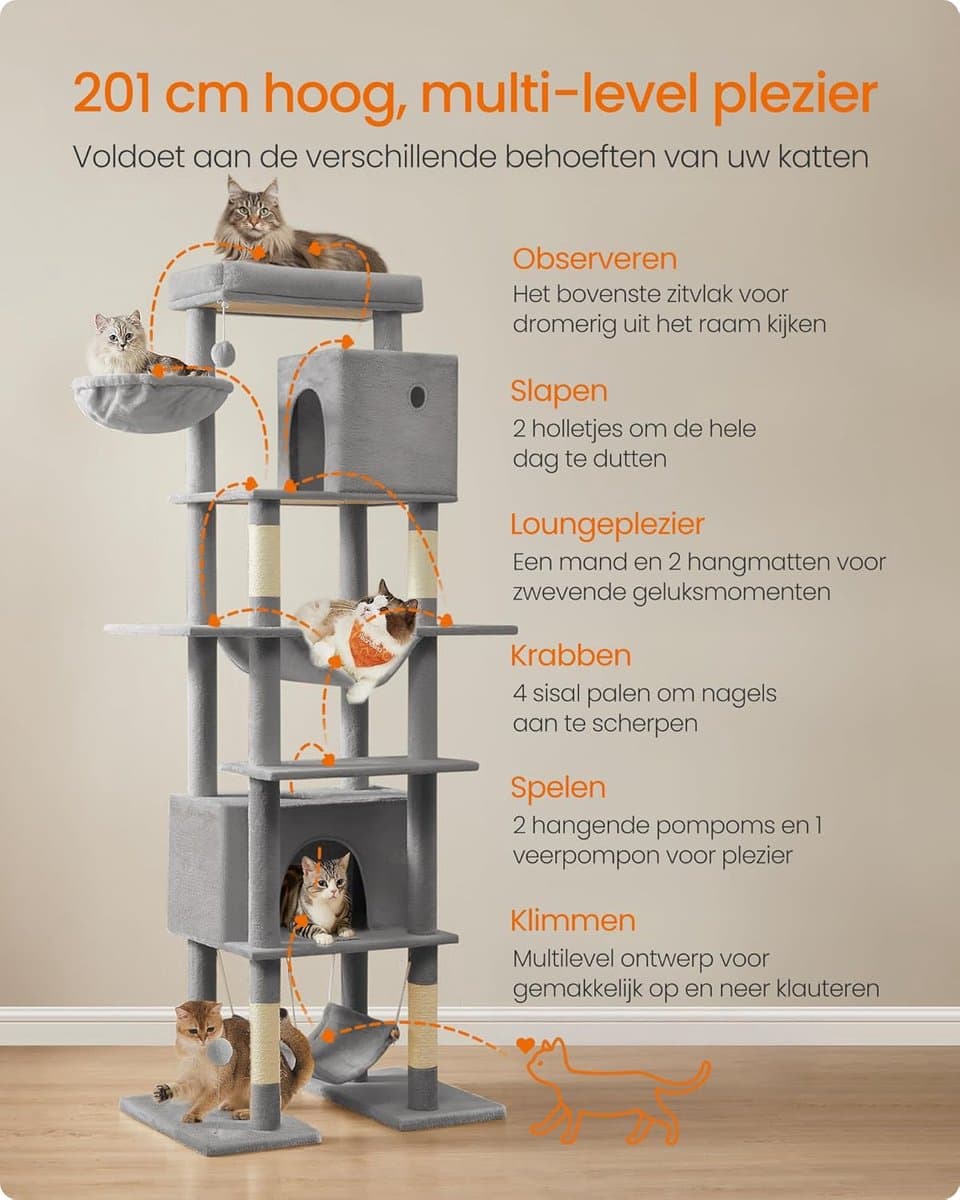 Feandrea krabpaal groot, krabpaal XXL, kattenkrabpaal met meerdere verdiepingen, 201 cm hoog, met een platform, een ligbak, 2 kattenholen, 2 hangmatten, anti-tip bescherming, lichtgrijs thumbnail 2