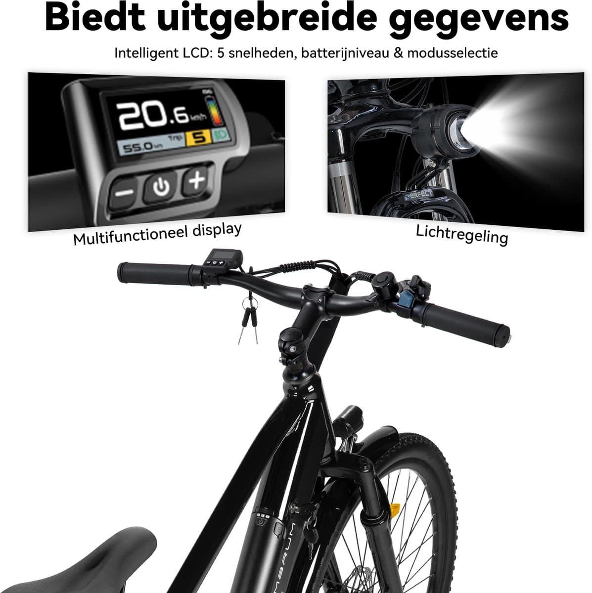 HILAND Rhythm elektrische stadsfiets - 26 inch - 250W motor - 60 km actieradius - 36V 10.4Ah accu - Shimano 7-versnellingen - Unisex - Zwart thumbnail 7