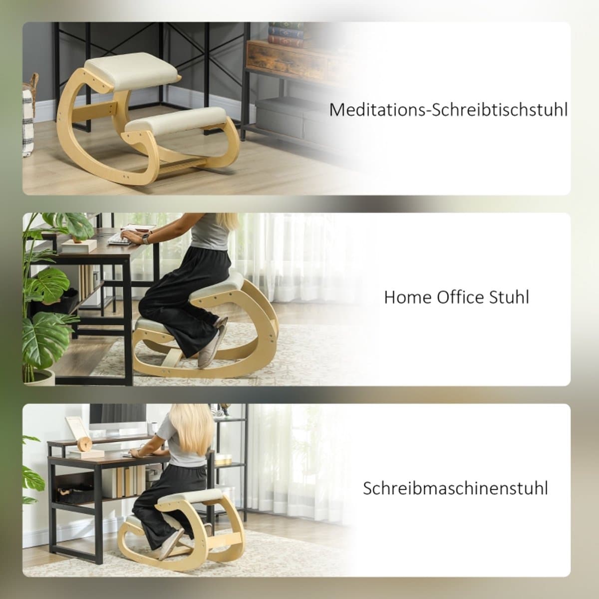 FloraGrace Kniestoel 55 x 85 x 55 cm - Ergonomisch Schommelontwerp Voor Houding - Thuiswerk En Meditatie - Hout - Crèmewit thumbnail 8
