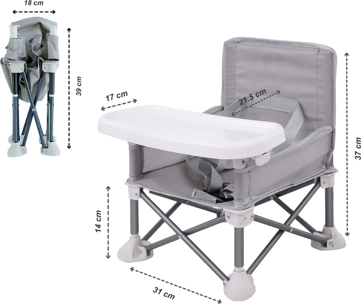 Opvouwbare Stoelverhoger Baby Grijs – Inklapbaar Kinderzitje voor Eetkamerstoel & Onderweg – Travel Booster Seat met Afneembaar Dienblad & Draagtas – 6 Maanden tot 3 Jaar thumbnail 2