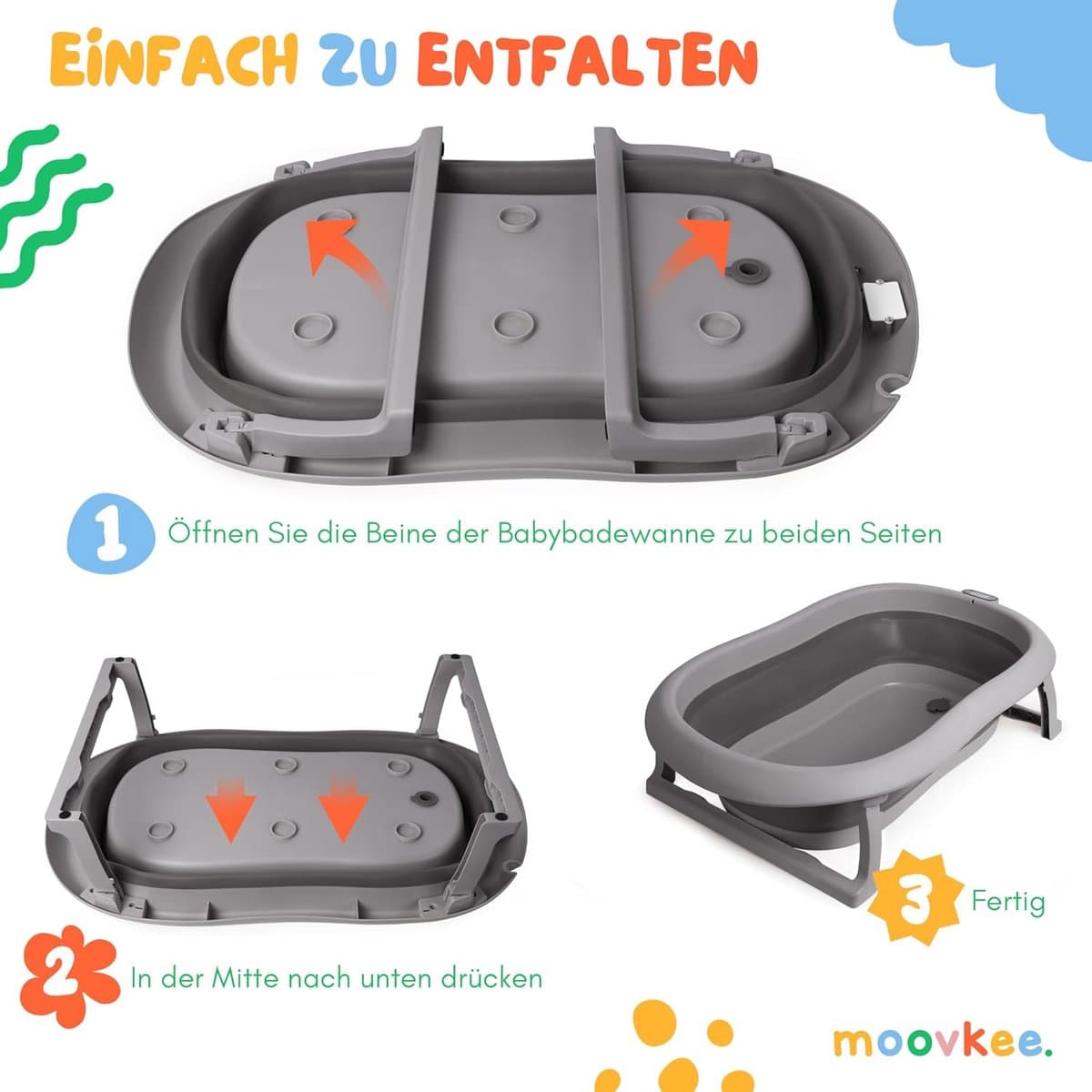 moovkee. Opvouwbaar Babybad 80 cm Donkergrijs - Babybadewanne met Thermometer en Badesitz - Antislip Draagbare Babybadkuip voor 0-36 Maanden thumbnail 2