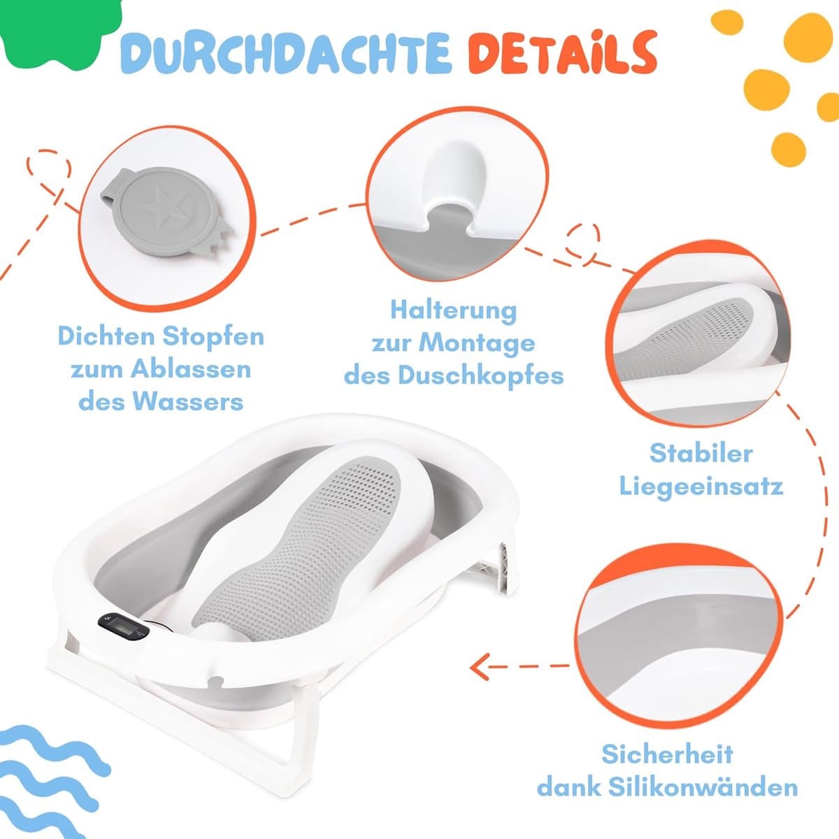 moovkee. Opvouwbaar Babybad 80 cm Grijs - Babybadewanne met Thermometer en Badesitz - Antislip Draagbare Babybadkuip voor 0-36 Maanden thumbnail 6
