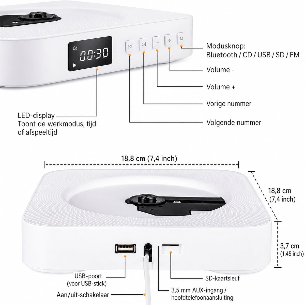 WINNES Draagbare CD speler met Bluetooth, Wandmontage CD-spelers Muziekspeler Home Audio Boombox met afstandsbediening FM-radio Ingebouwde HiFi-luidsprekers LCD-scherm MP3-koptelefoonaansluiting AUX-ingang Uitgang thumbnail 8