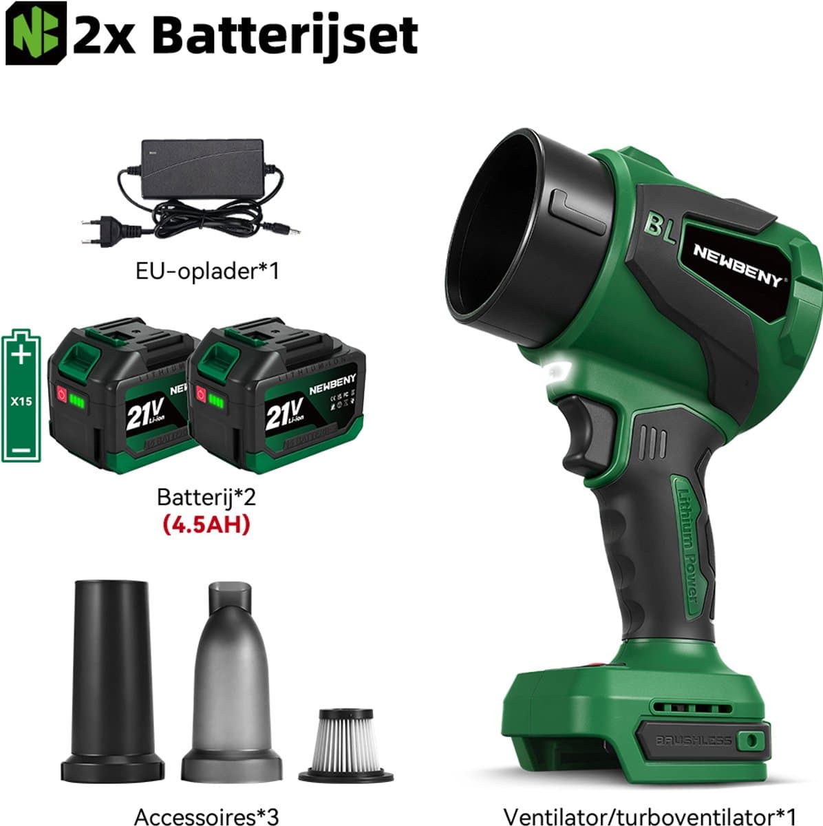 NewBeny Accu Bladblazer / Stofzuiger - 350 m/s Borstelloze Bladblazer - 2-in-1 Stofblazer - met 2x 4.5Ah Accu’s - voor dierenharen, tapijt thuis, bladeren, sneeuw en stof thumbnail 3