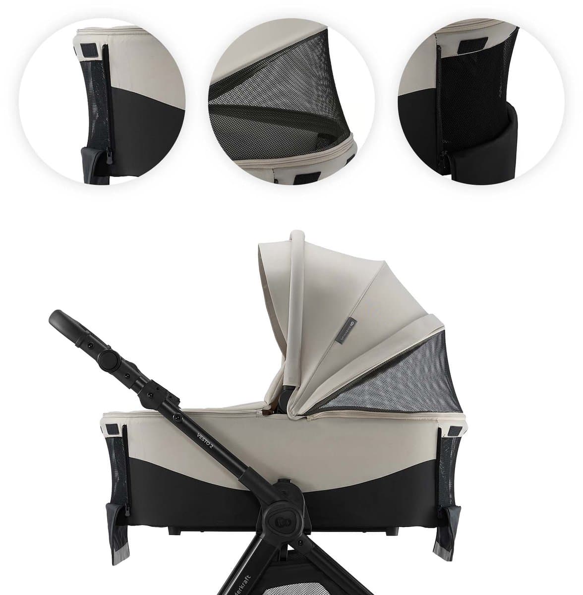 Kinderkraft VESTO 2 – 3-in-1 kinderwagen – Accessoireset + adapters – Reiswieg 3-zone ventilatie – Omkeerbare zitting – Beige thumbnail 2