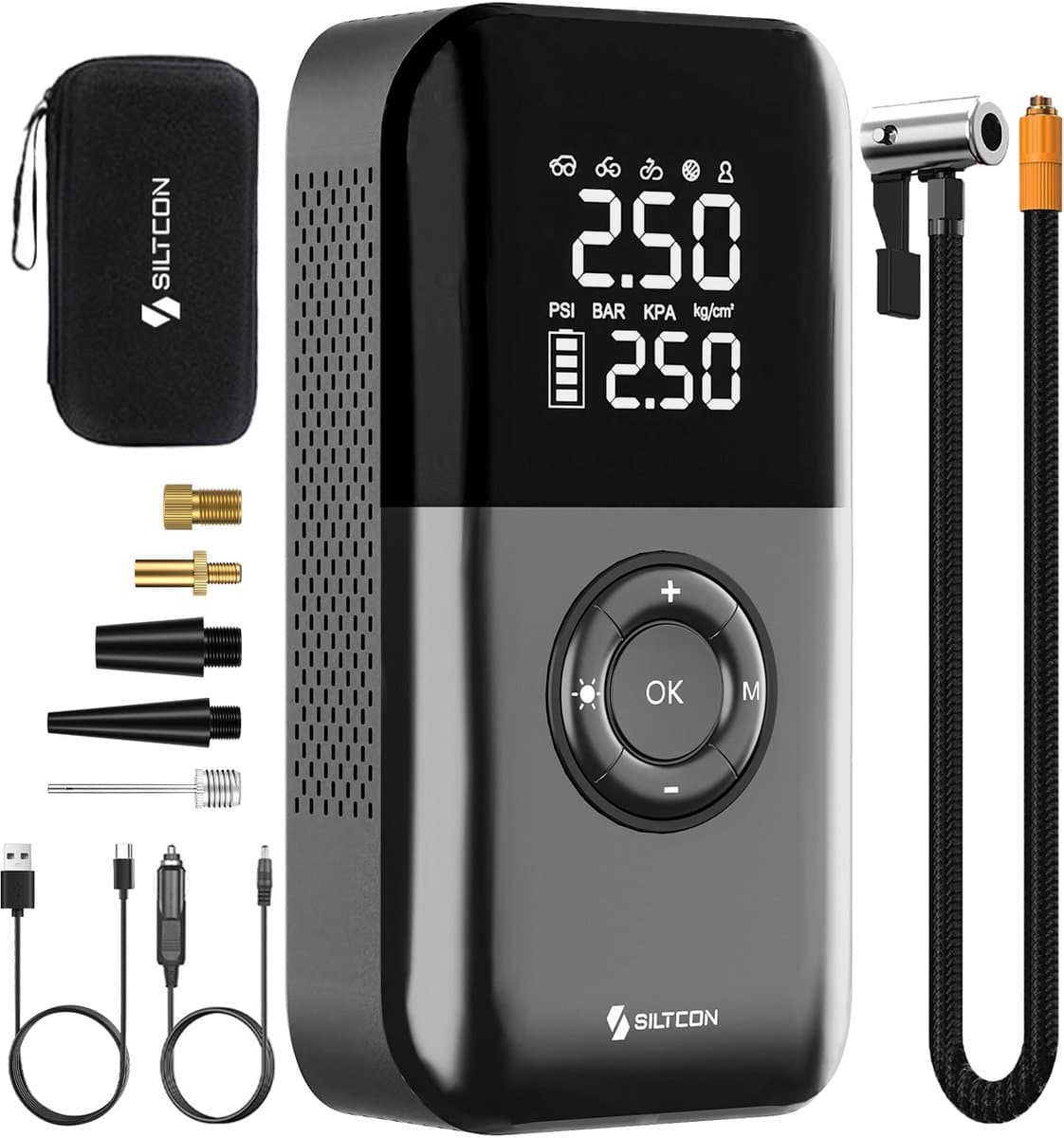 Siltcon® Elektrische Fietspomp - Luchtcompressor - Tot 10.8 Bar - 8500 mAh Powerbank - Compressor - Bandenpomp Auto - Elektrische Bandenpomp - Luchtpomp – Universeel – Oplaadbaar & 12V – 35l/min – SOS Lamp - Noodpakket - Incl. 10 Opzetstukjes en Hoes