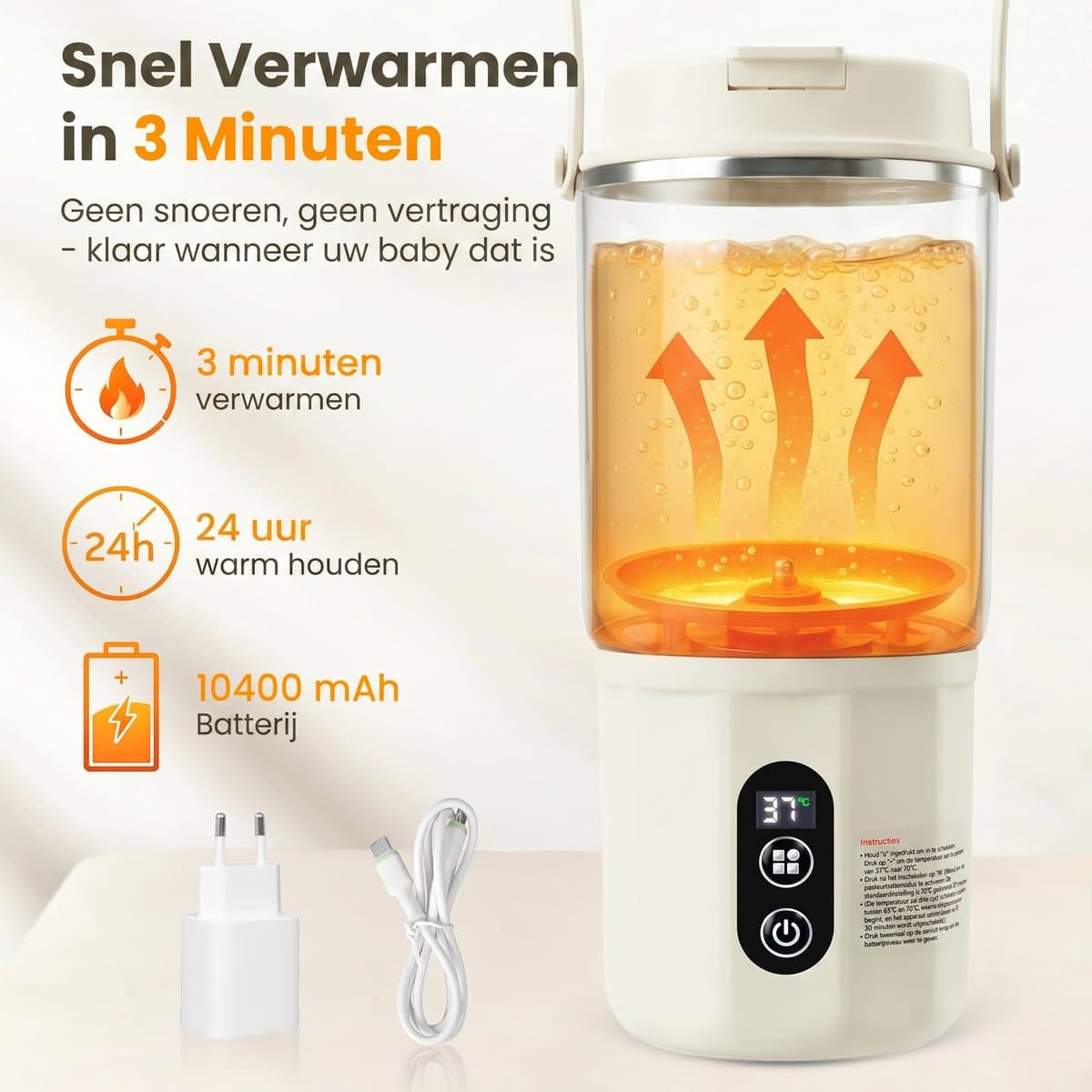 Thermosfles Flessenwarmer - 2-in-1 - BabyCare - Snelle Opwarming Moedermelk & Water - Pasteurisatie - 24U Constant Temperatuur - 400ml - 10400mAh - Beige thumbnail 3