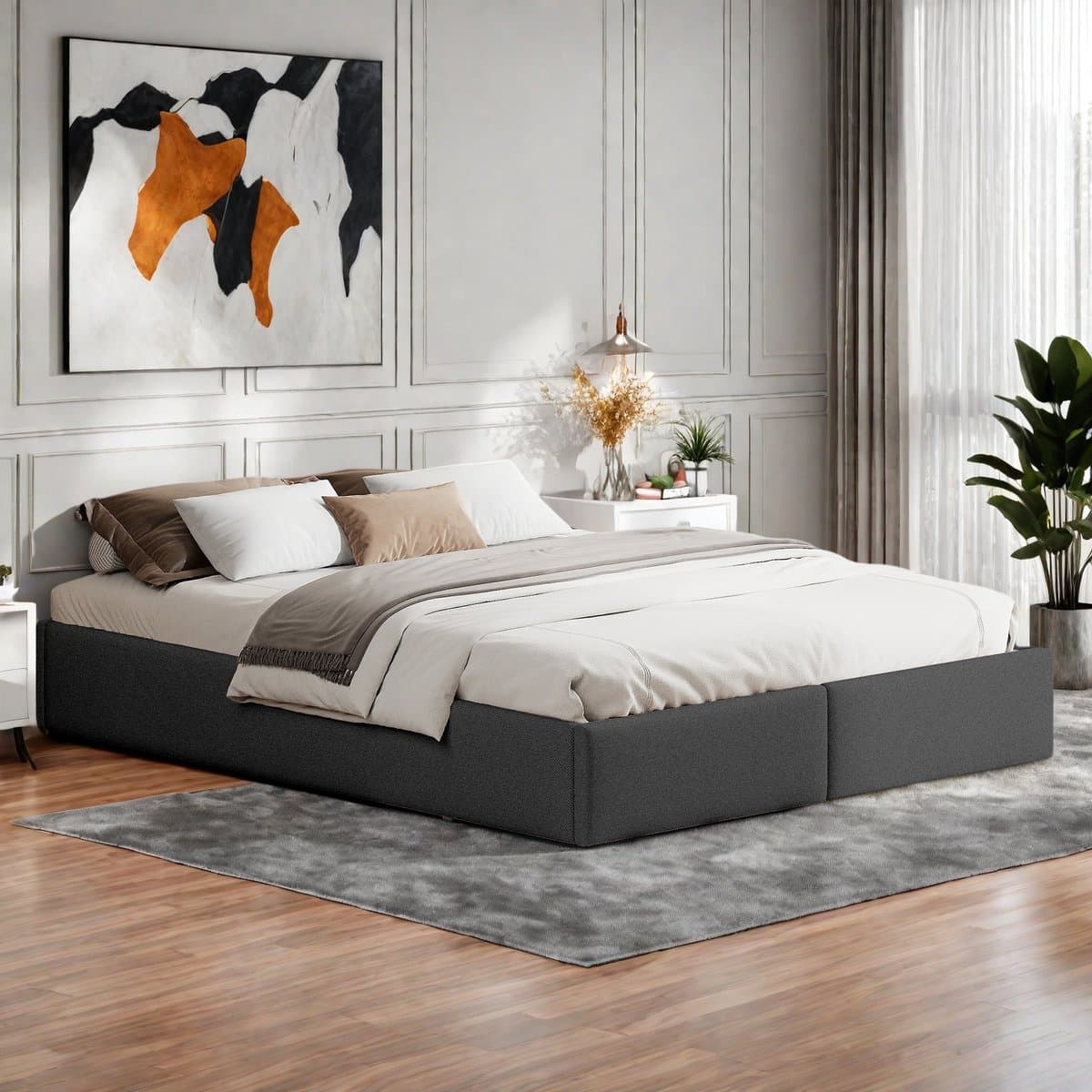 Opbergbed 160x200 cm – Grijs Linnenstof Bed met 2 Lades – Tweepersoons Bedframe met Opbergruimte – Modern Slaapkamer Bed thumbnail 6