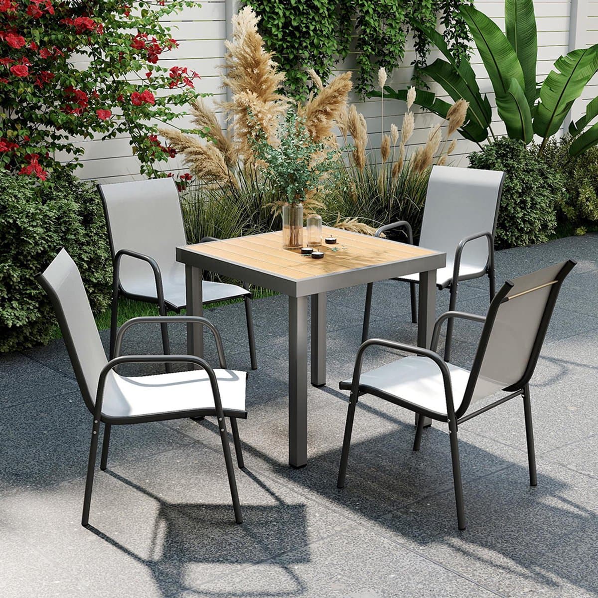 Pugsdrly Tuinstoelen, set van 4 stapelbare terrasstoelen met ademende rugleuning, armleuningen, draagvermogen 120 kg