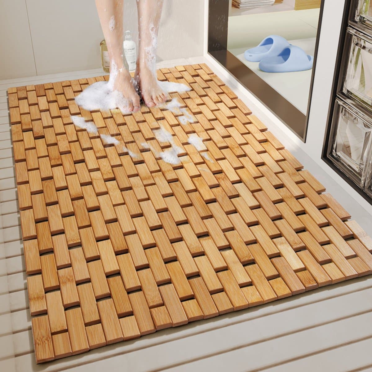 Bamboe badmat/badblokmat voor luxe douches, antislip, stevig, waterdicht bamboe badkleed voor sauna's en spa's, trapdecoratie en accessoires, 50x80cm thumbnail 5