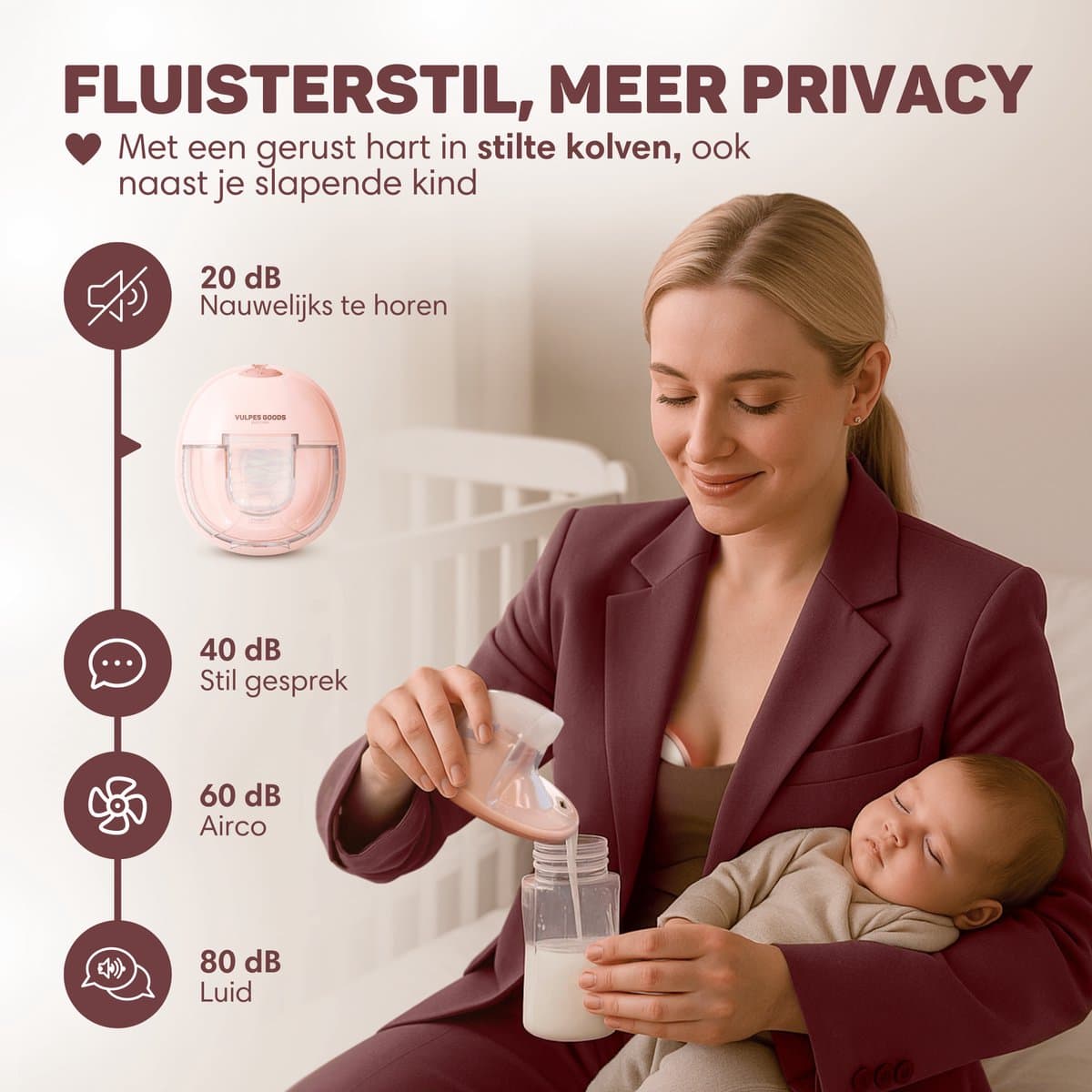 Vulpes Goods® BabyCare - Elektrische Borstkolf Elite - Handsfree Borstkolf - Dubbele Draadloze Borstkolf - Warmtecompressie - BPA-Vrij - App - Incl. Reiskoffer, Borstschildverkleiners, 60 Bewaarzakjes & Meer - Roze thumbnail 5