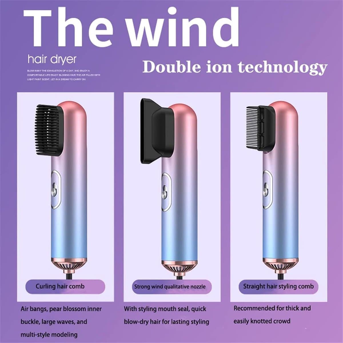 Ionische Bladloze Haardroger - Krachtige AC Motor - Compact & Lichtgewicht - Professionele Föhn - met 3 Opzetstukken - Constante Temperatuur - Anti-Frizz - Ideaal voor Thuis & Reizen - Gradiënt Paars/Blauw thumbnail 2