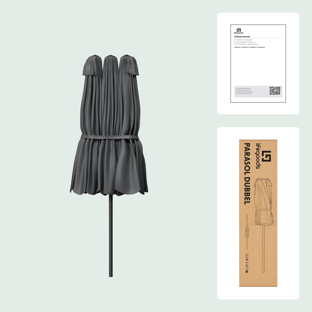 LifeGoods Dubbele Parasol - Tuin - 160x300cm - tot 8 Personen - Waterdicht - UPF50+ - Donkergrijs thumbnail 7