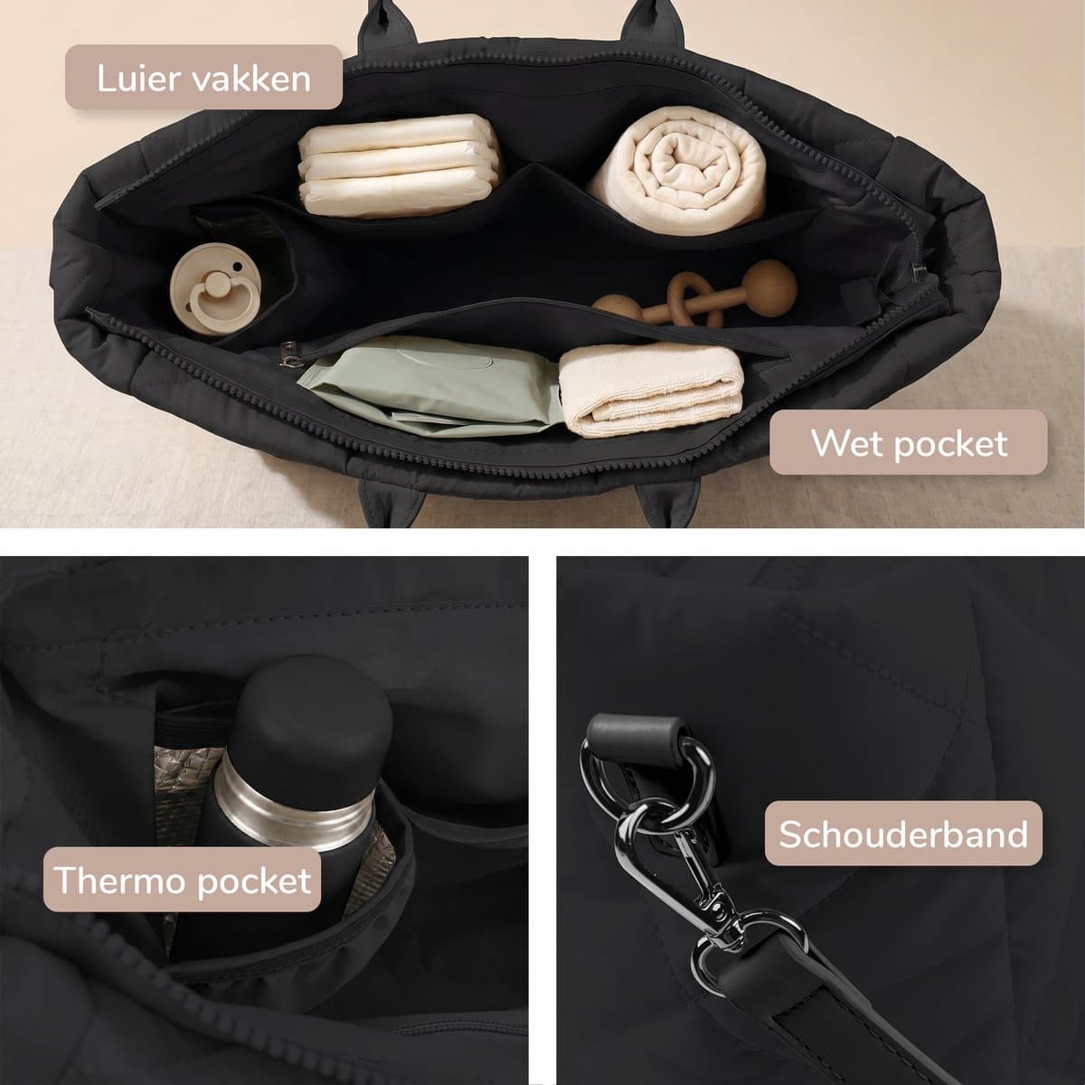 Mommsy Luiertas – Verzorgingstas – Thermo Vak – Gewatteerde Puffer Stof – Extra Ruim – Waterafstotend – Organizer – Lichtgewicht – Zwart thumbnail 6