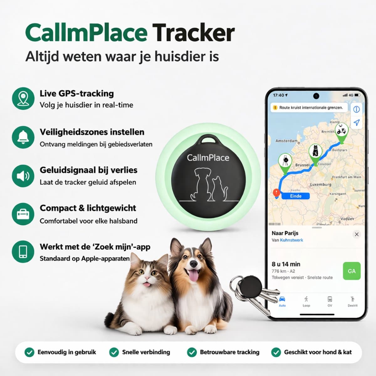 CallmPlace Huisdier Tracker – GPS Tracker voor Hond & Kat – Apple Zoek Mijn – Bluetooth – Zonder Abonnement – Sleutel Finder thumbnail 3