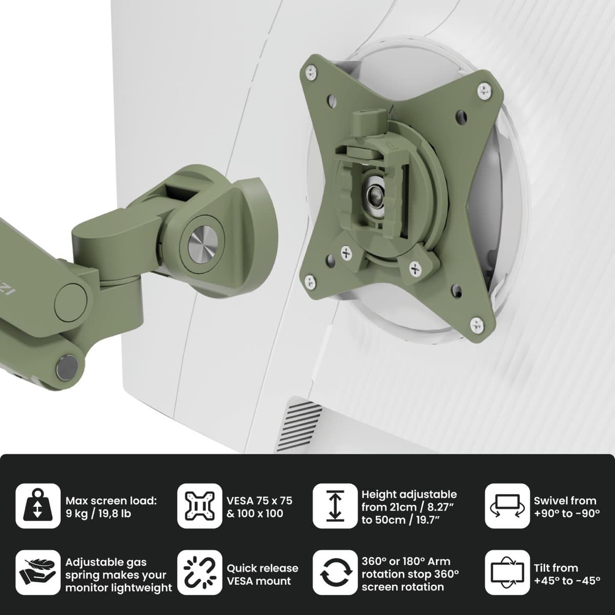 Arozzi Alzare Neo Dubbele Monitor Arm - Gasfeder - Kabelbeheer - 17" tot 34" - Bosgroen thumbnail 6