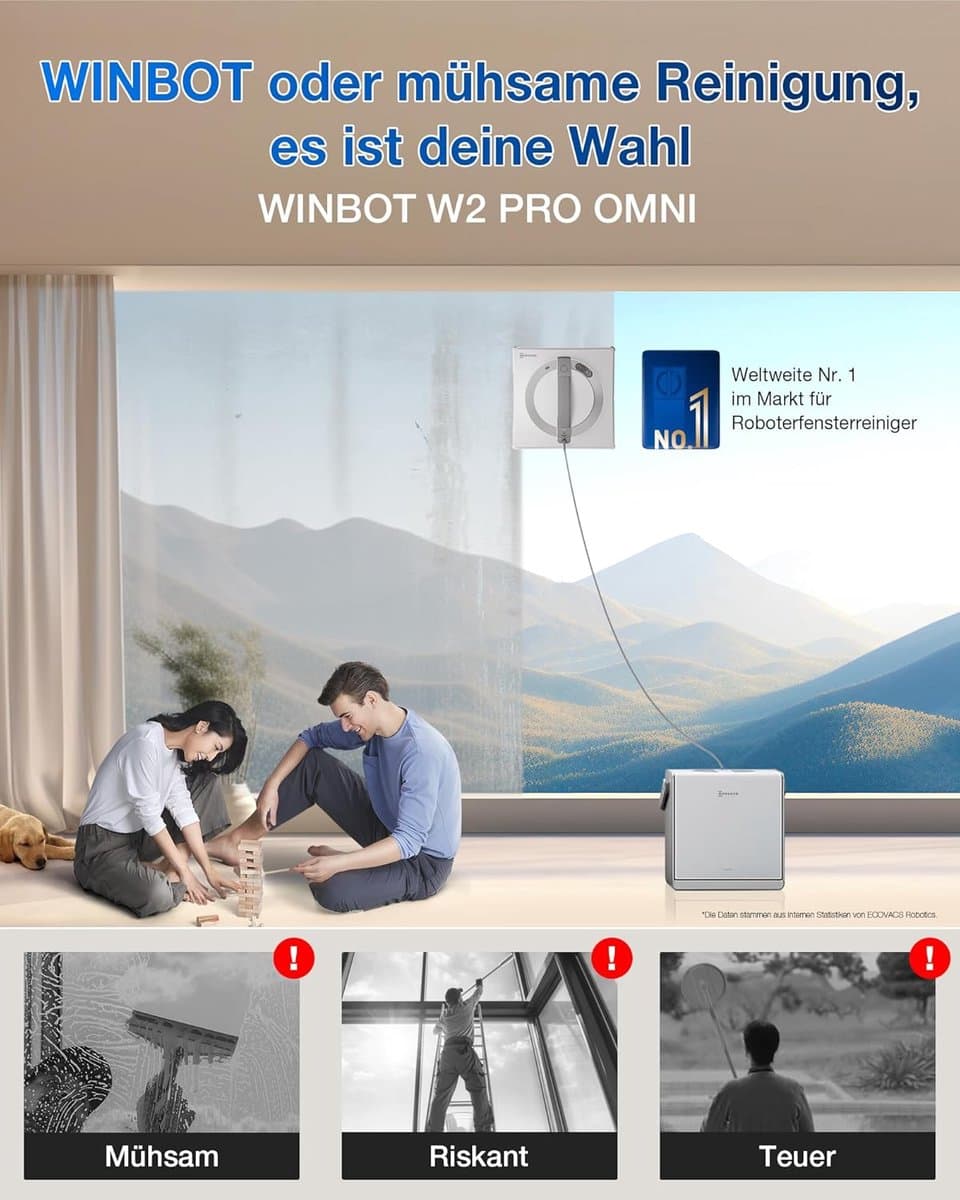 ECOVACS WINBOT W2 PRO OMNI Robot ramenreiniger–Ramenwasser–Ruitenreiniger – WIN-SLAM 4.0 intelligente routeplanning– 6-in-1 multifunctioneel station–12-traps veiligheidssysteem–Dubbele stroommodus–Voor ramen–Glazen deuren- 1000ml Schoonmaakmiddel thumbnail 8