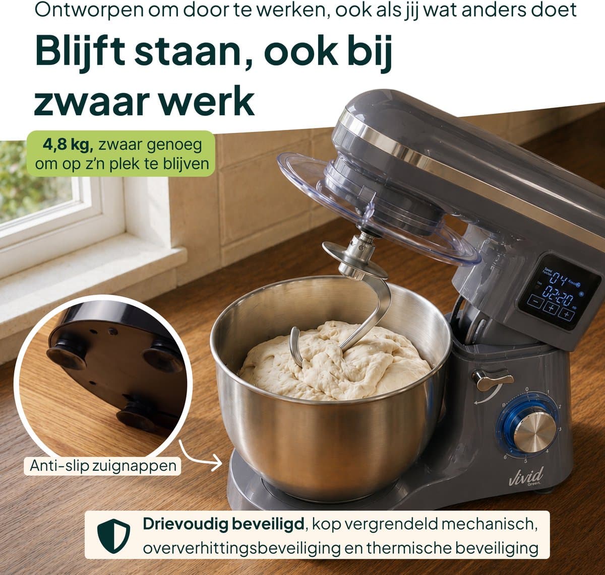 Vivid Green 2000W Keukenrobot - 6.2L - Display & Instelbare Timer - Mixer met Mengkom - Keukenmachine - Keukenmixer - Grijs thumbnail 5