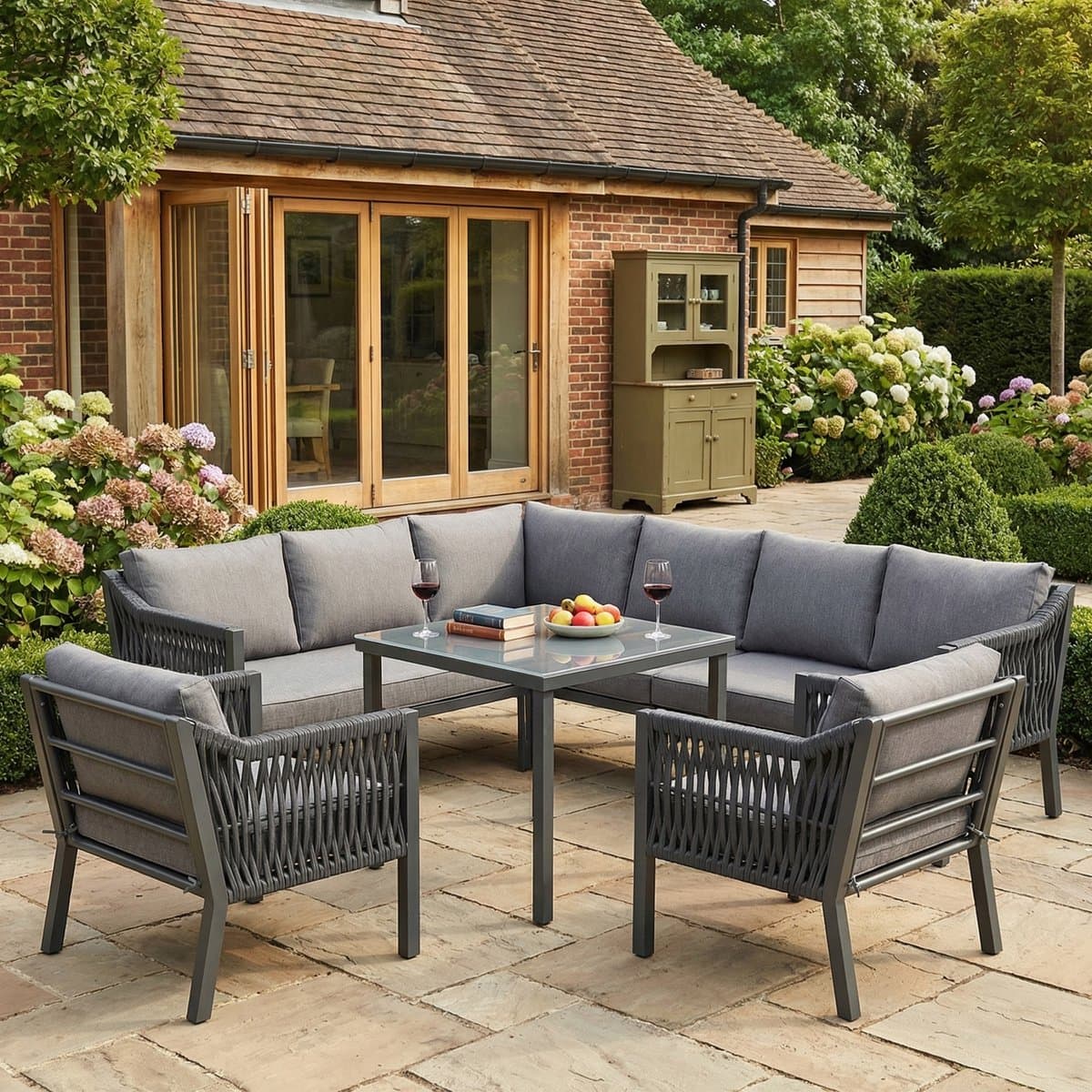 BLACKCOLORS Tuin-eetset, tuinmeubelset, 8 personen, hoekopstelling, verzinkt ijzer, glazen tafelblad, handgeweven touwset, bestaande uit een eettafel, twee fauteuils en een hoekbank, grijs. thumbnail 7