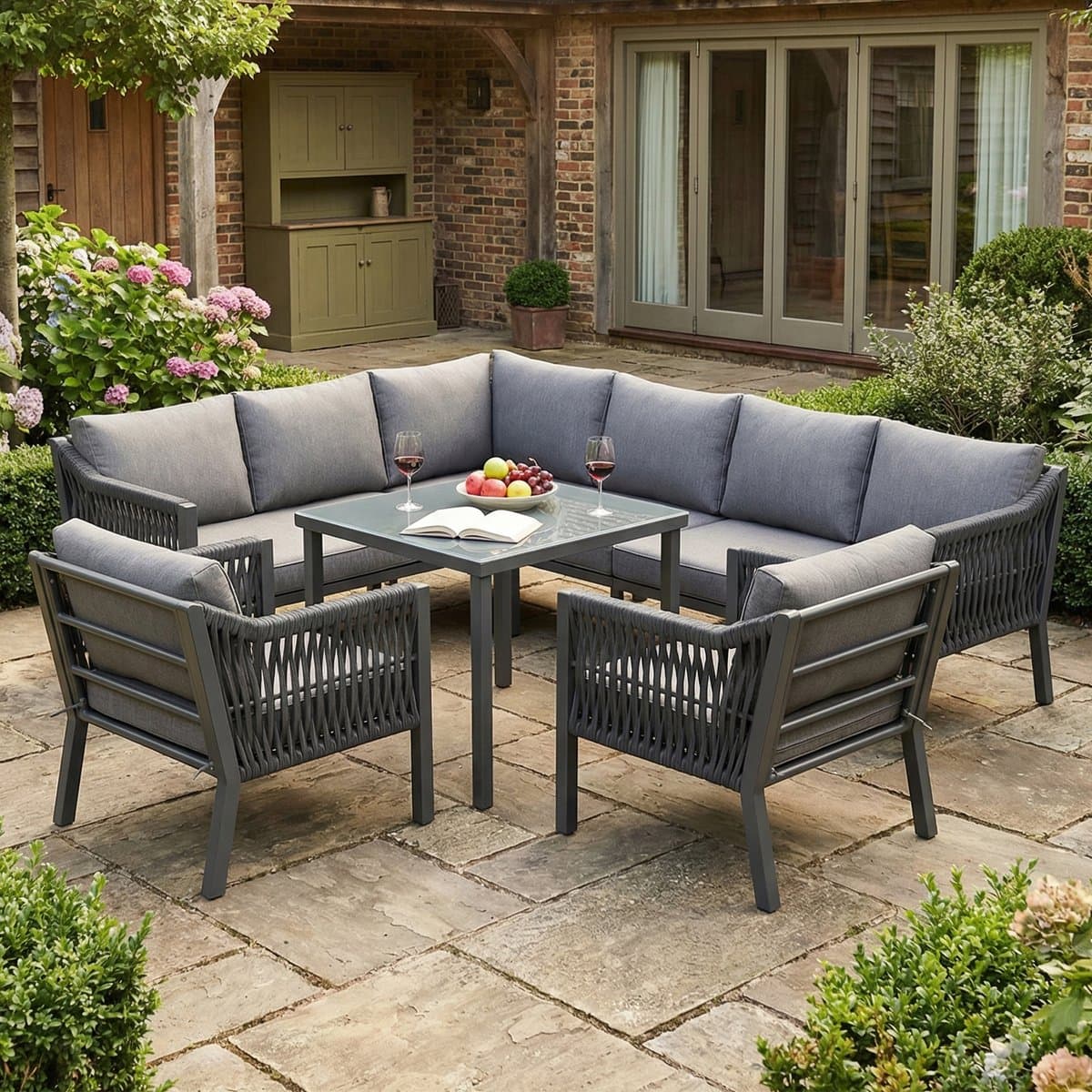 BLACKCOLORS Tuin-eetset, tuinmeubelset, 8 personen, hoekopstelling, verzinkt ijzer, glazen tafelblad, handgeweven touwset, bestaande uit een eettafel, twee fauteuils en een hoekbank, grijs.