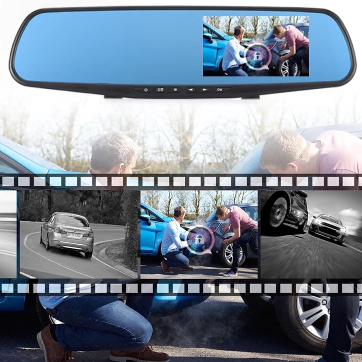 Full HD autospiegeldashcam met achteruitrijcamera met nachtzicht, loop-opname en 4,3-inch display, 170° voor / 120° achter, 1080P dubbele autocamera, parkeermonitor, achteruitrijmonitorsysteem thumbnail 7
