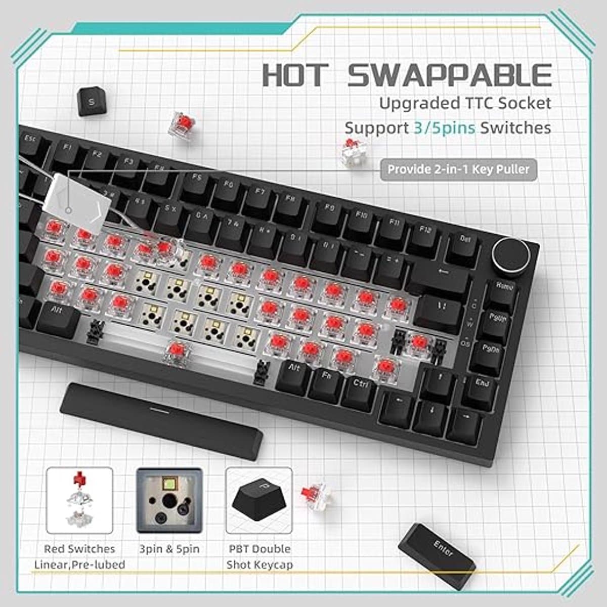 Mechanisch Toetsenbord met Knop, 75% ANSI-indeling, 81 Toetsen Gaming Toetsenbord, Hot-Swappable, Rode Schakelaars, Ice White Backlight, USB-C voor PC, Mac, PS5 en Xbox thumbnail 4