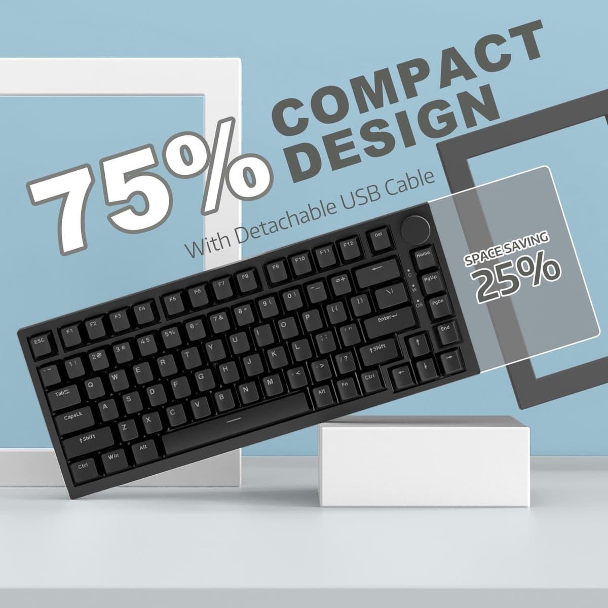 Mechanisch Toetsenbord met Knop, 75% ANSI-indeling, 81 Toetsen Gaming Toetsenbord, Hot-Swappable, Rode Schakelaars, Ice White Backlight, USB-C voor PC, Mac, PS5 en Xbox thumbnail 2