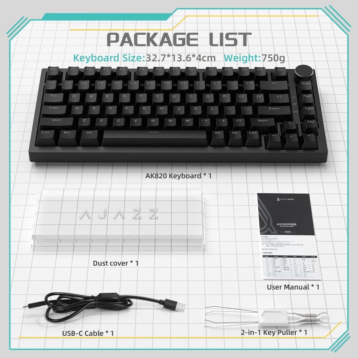Mechanisch Toetsenbord met Knop, 75% ANSI-indeling, 81 Toetsen Gaming Toetsenbord, Hot-Swappable, Rode Schakelaars, Ice White Backlight, USB-C voor PC, Mac, PS5 en Xbox