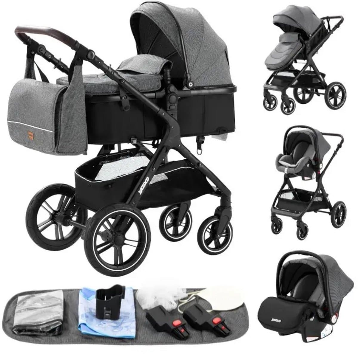 Luxe 3-in-1 Kinderwagen met Autostoel en Reiswieg – Opvouwbaar – Verstelbare Rugleuning Zwart - afbeelding 1