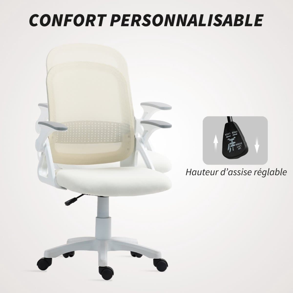 Ergonomische-Bureaustoel-Mesh-Verstelbare-Hoogte-Opklapbare-Armleuningen-360°-Draaistoel-Ademende-Office-Chair-Wit-Comfortabele-Thuiswerk-Stoel thumbnail 8