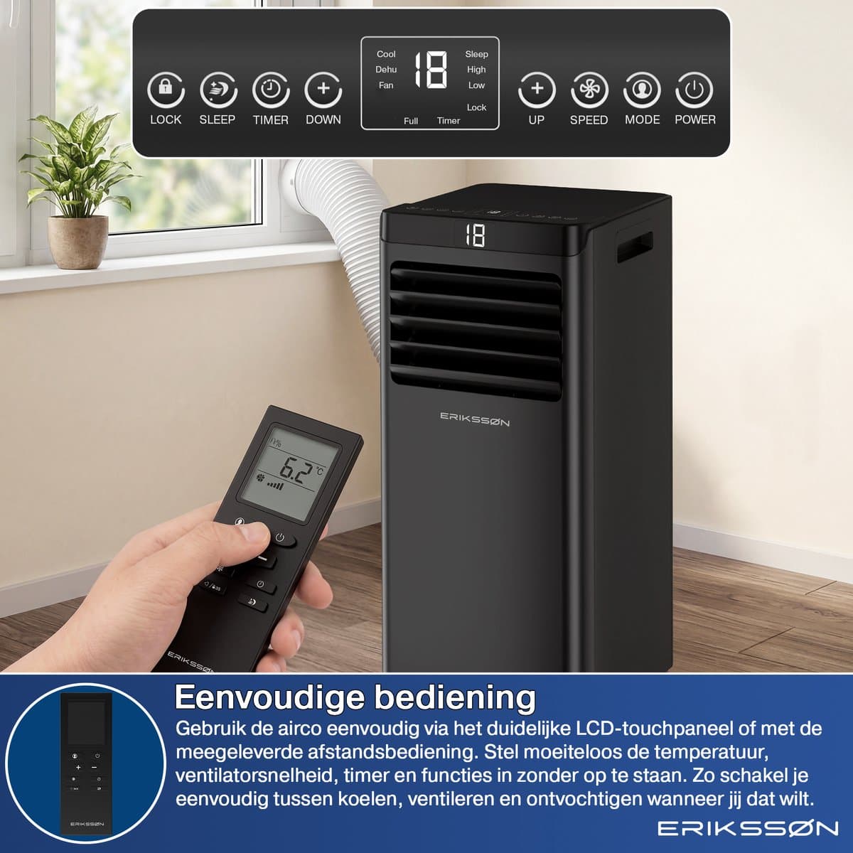 Erikssøn Mobiele Airco - 10.000 BTU - Incl. Raamafdichtingskit - Tot 30m² - 4-in-1 - Airconditioning - Ventilator - Ontvochtiger - Zwart thumbnail 6