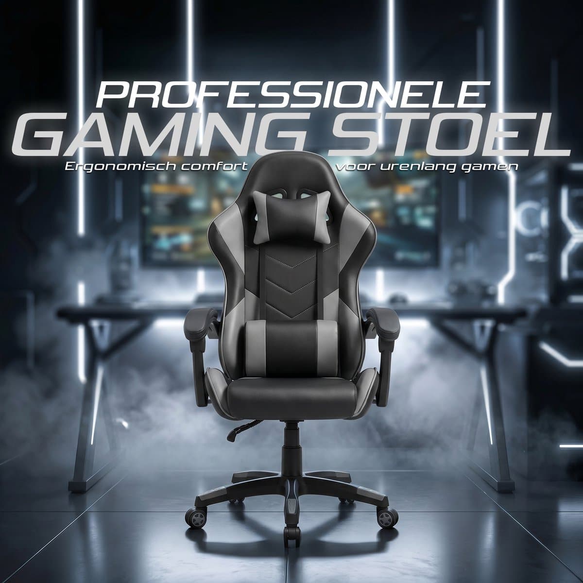 Gaming Stoel – Comfortabele Gamer Chair – Zwart/Grijs – Verstelbaar thumbnail 2