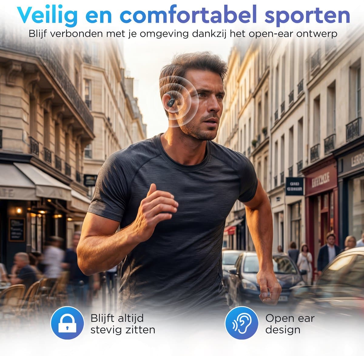 Golden Sound Open Ear oortjes - Sport oordopjes - Oortjes draadloos - Draadloze oordopjes - Audio - Hardlopen - 40 uur batterijduur - Bone Conduction - IPX6 Spatwaterdicht - Oortjes - Zwart thumbnail 2