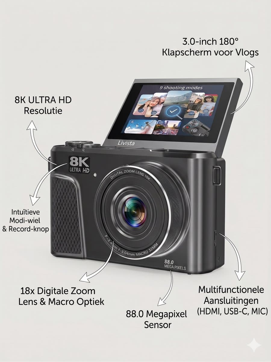 Livista Digitale Camera 8K - 88MP - 18X Digitale Zoom - WiFi - 3.0" UHD-display - Fototoestel - Mini Camera - Fotocamera - Compact Camera - Incl. 64GB SD Kaart - Vlog Camera voor Kinderen thumbnail 4